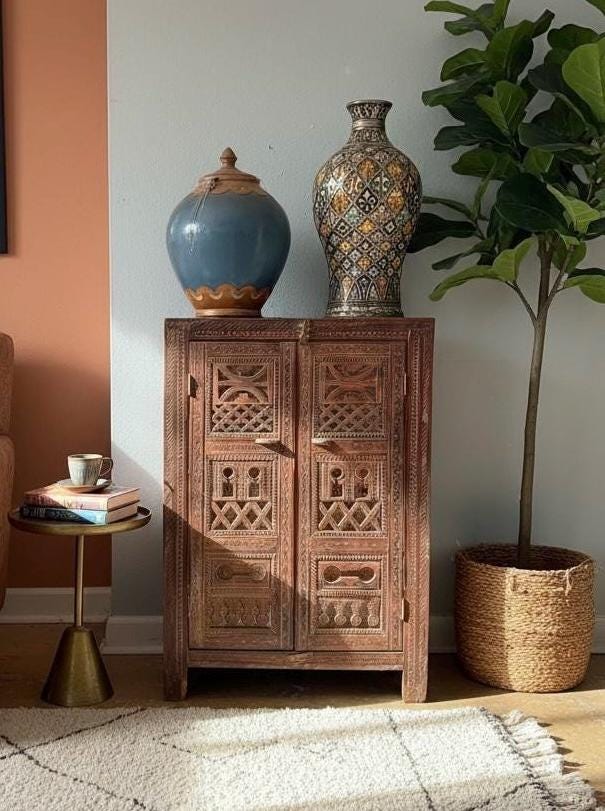 Hand-Carved Solid Wood Moroccan cabinet: Vintage armoire Tribal Bedroom Furniture