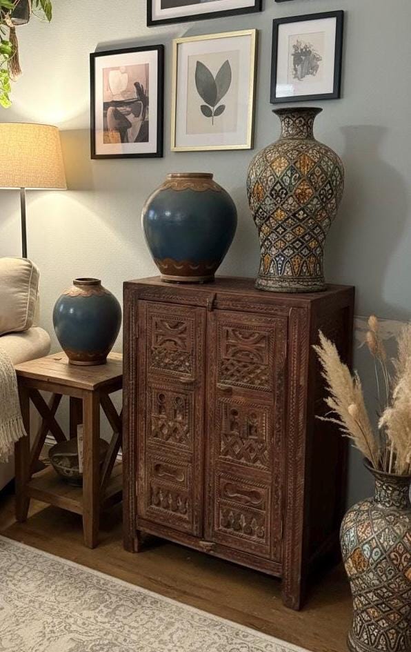 African vintage Hand-Carved Solid Wood Moroccan cabinet: armoire Tribal Bedroom Furniture