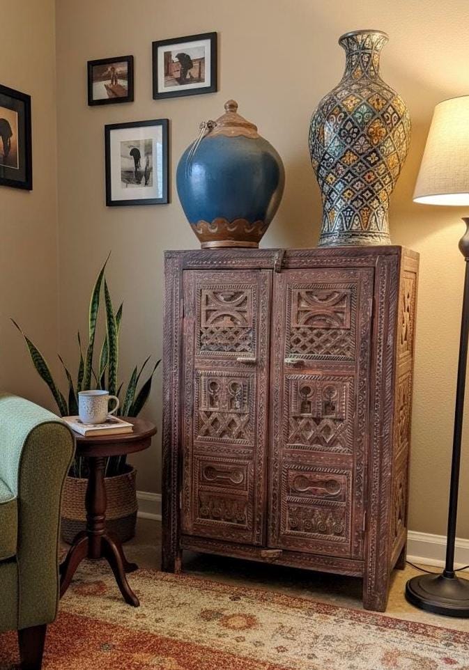 African vintage Hand-Carved Solid Wood Moroccan cabinet: armoire Tribal Bedroom Furniture