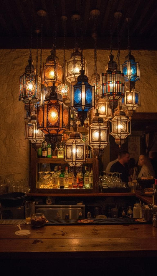 Handmade Rustic Moroccan Lanterns, Multicolor Glass, Party Bar Decor