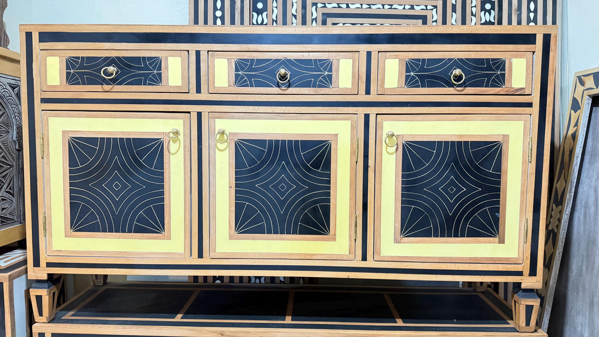 Eclectic walnut Wood resin Inlay Cabinet: unique Moroccan dresser, home decor