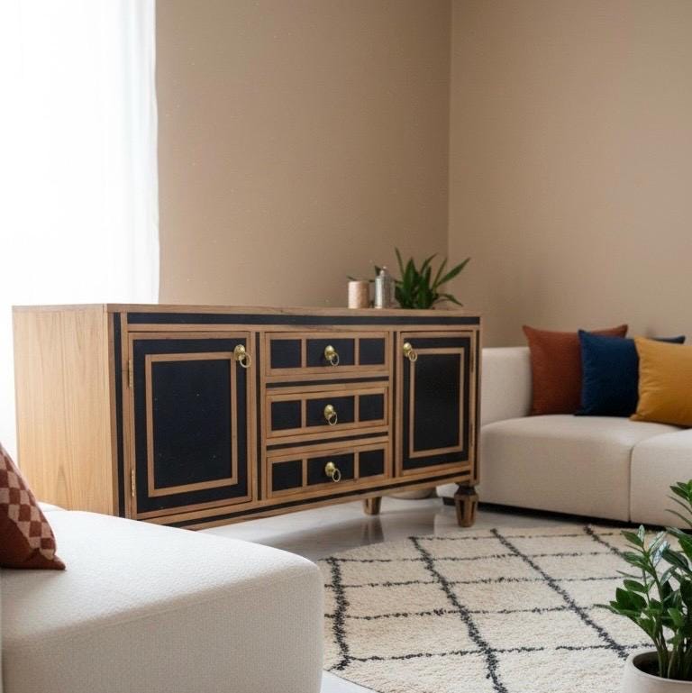 Eclectic black walnut Wood resin Inlay Cabinet: unique Moroccan buffet, home decor