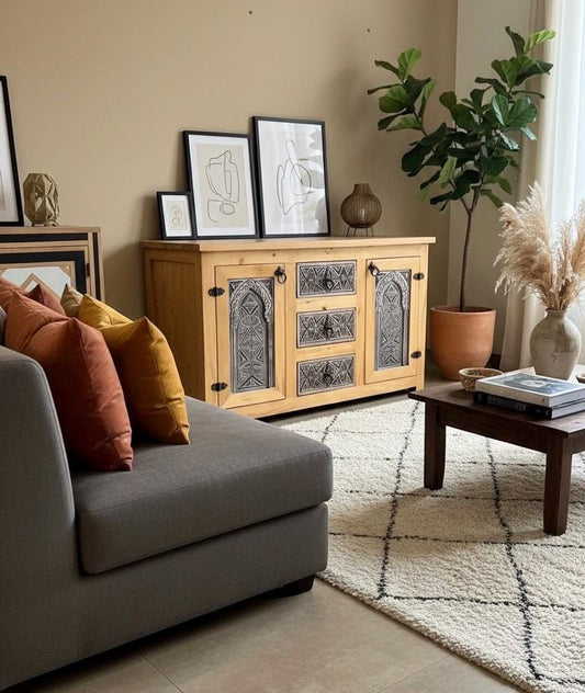 Hand-Carved Solid Wood Moroccan Cabinet: Geometric Arches, Wrought Iron Hardware Bedroom Furniture