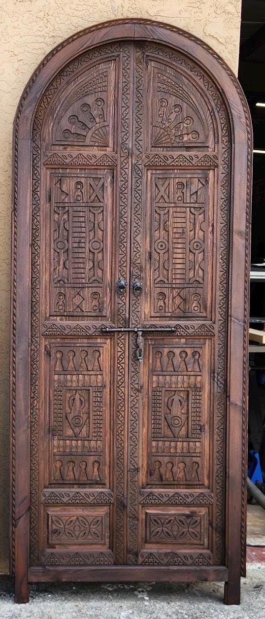 Authentic Hand Carved Moroccan Door, Brown Moorish Riad Arch door (87x37)