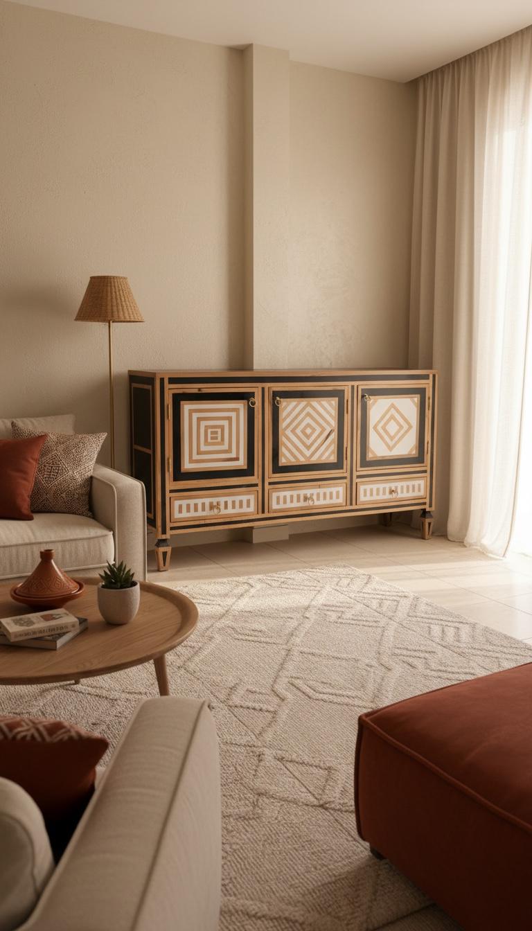 Eclectic walnut Wood resin Inlay Cabinet: Moroccan buffet, home decor