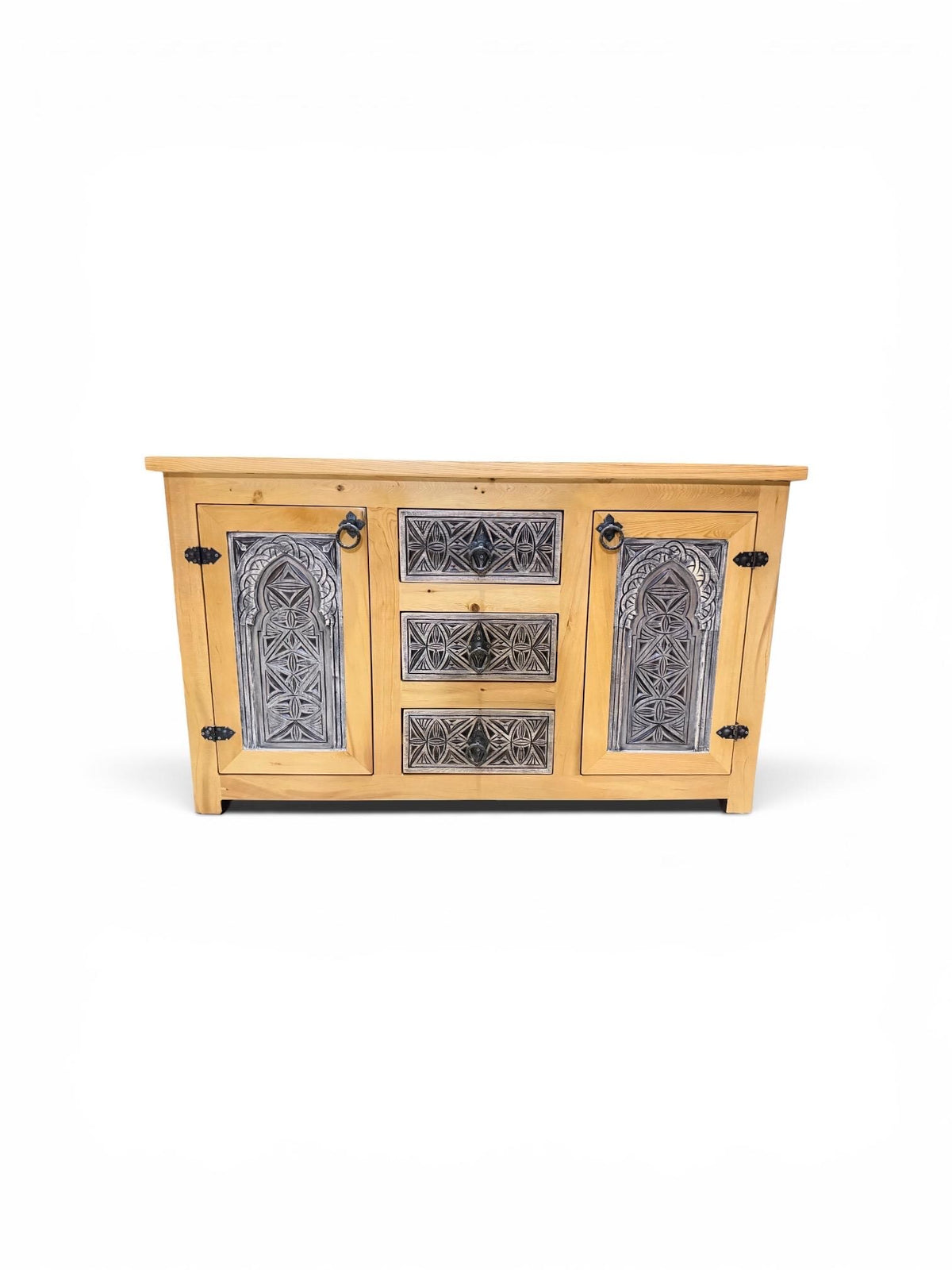 Hand-Carved Solid Wood Moroccan Cabinet: Geometric Arches, Wrought Iron Hardware Bedroom Furniture