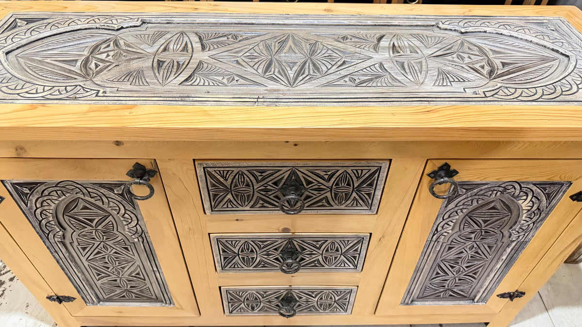 Hand-Carved Solid Wood Moroccan Cabinet: Geometric Arches, Wrought Iron Hardware Bedroom Furniture