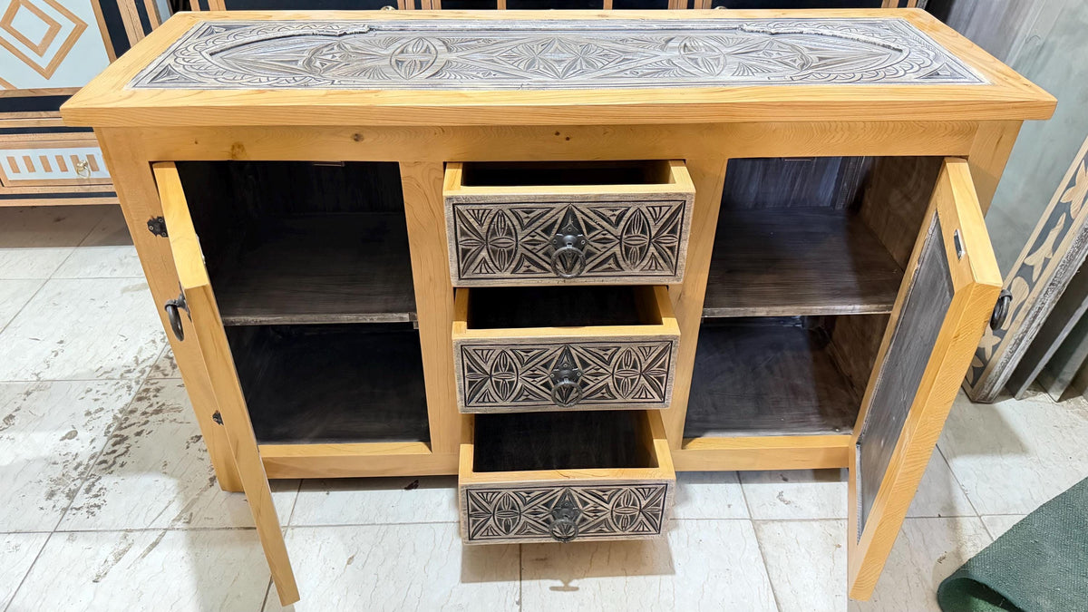 Hand-Carved Solid Wood Moroccan Cabinet: Geometric Arches, Wrought Iron Hardware Bedroom Furniture