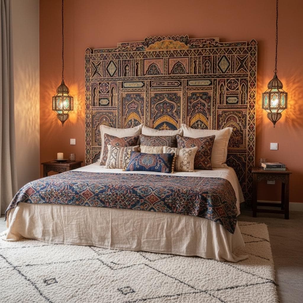 Hand-Painted Moroccan Headboard Bed | Rare Moorish Bed