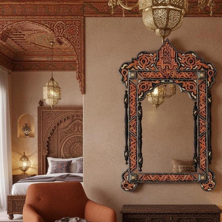 Vintage Moroccan Mirror: Allah Arabic Calligraphy, Camel Bone Inlay