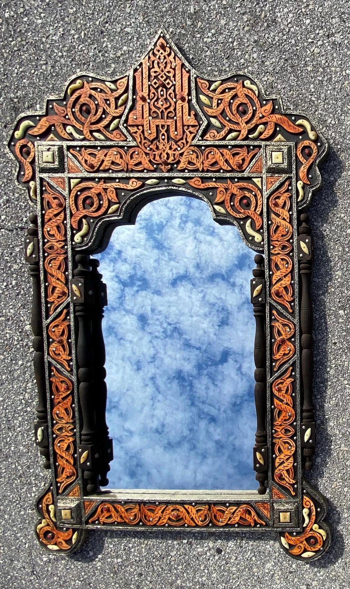 Vintage Moroccan Mirror: Allah Arabic Calligraphy, Camel Bone Inlay