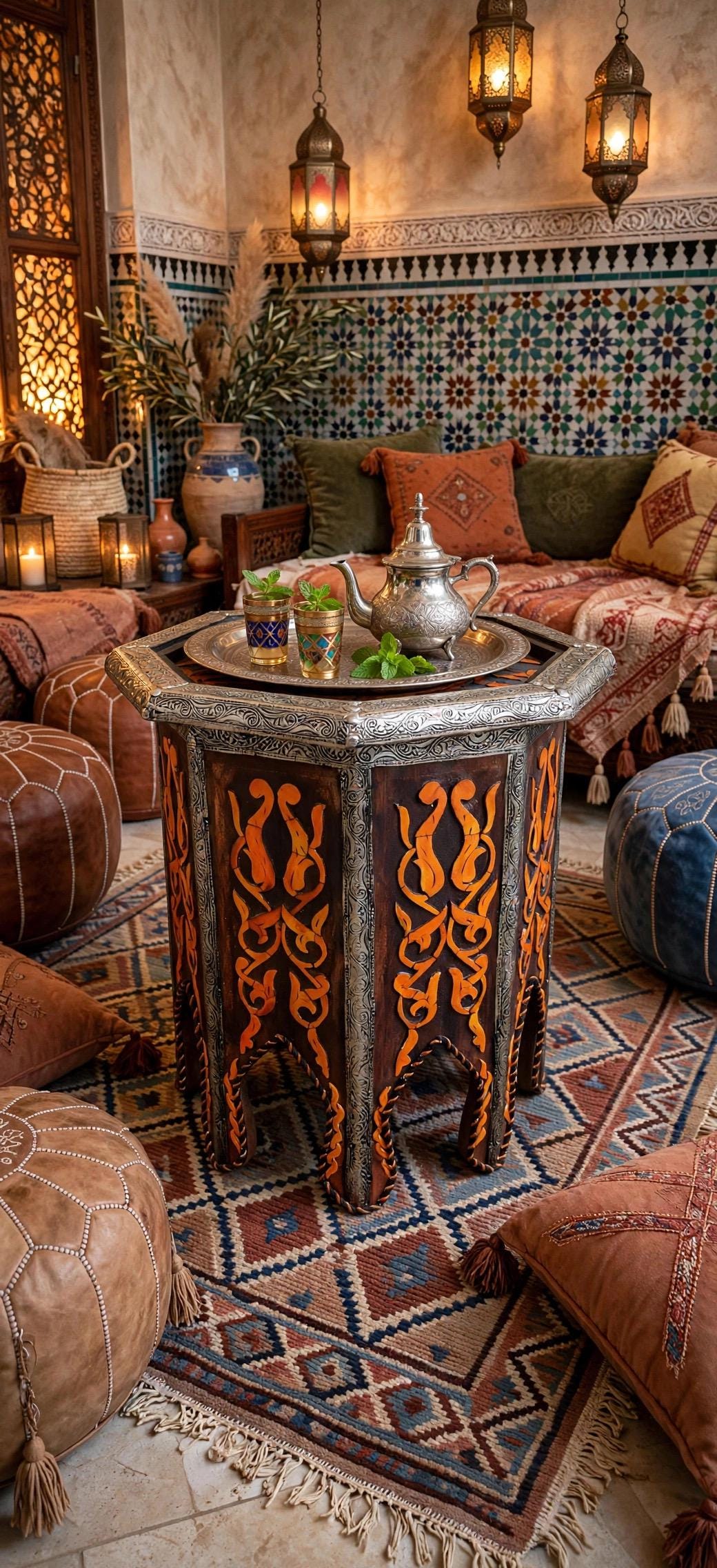 Antique unique Bone Inlay side Table: Moroccan Handmade coffee table