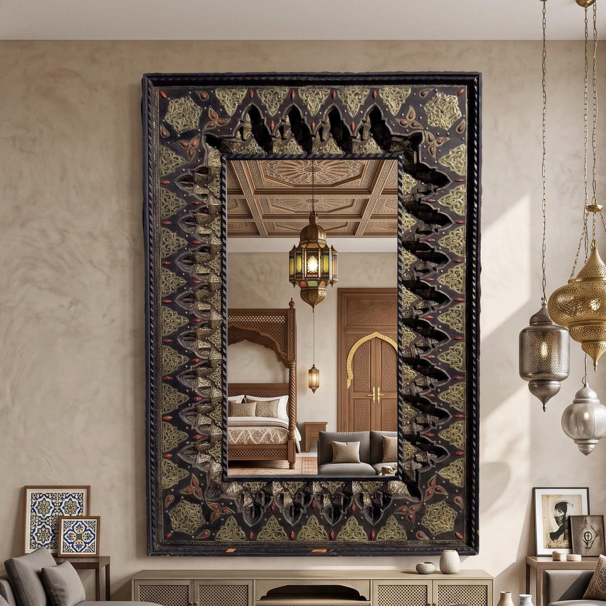 Large Exquisite Moroccan Mirror: Camel Bone, Silver, Handmade