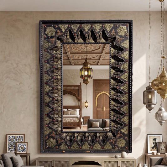 Large Exquisite Moroccan Mirror: Camel Bone, Silver, Handmade