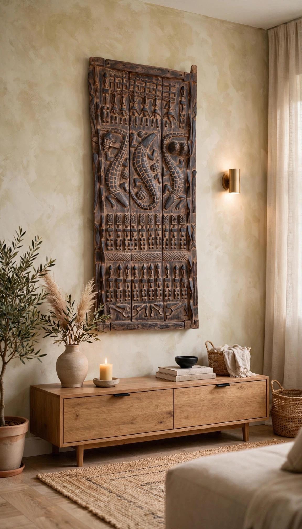 Antique Dogon Door Panel: African Tribal Art, Carved Wood Decor (29x74)