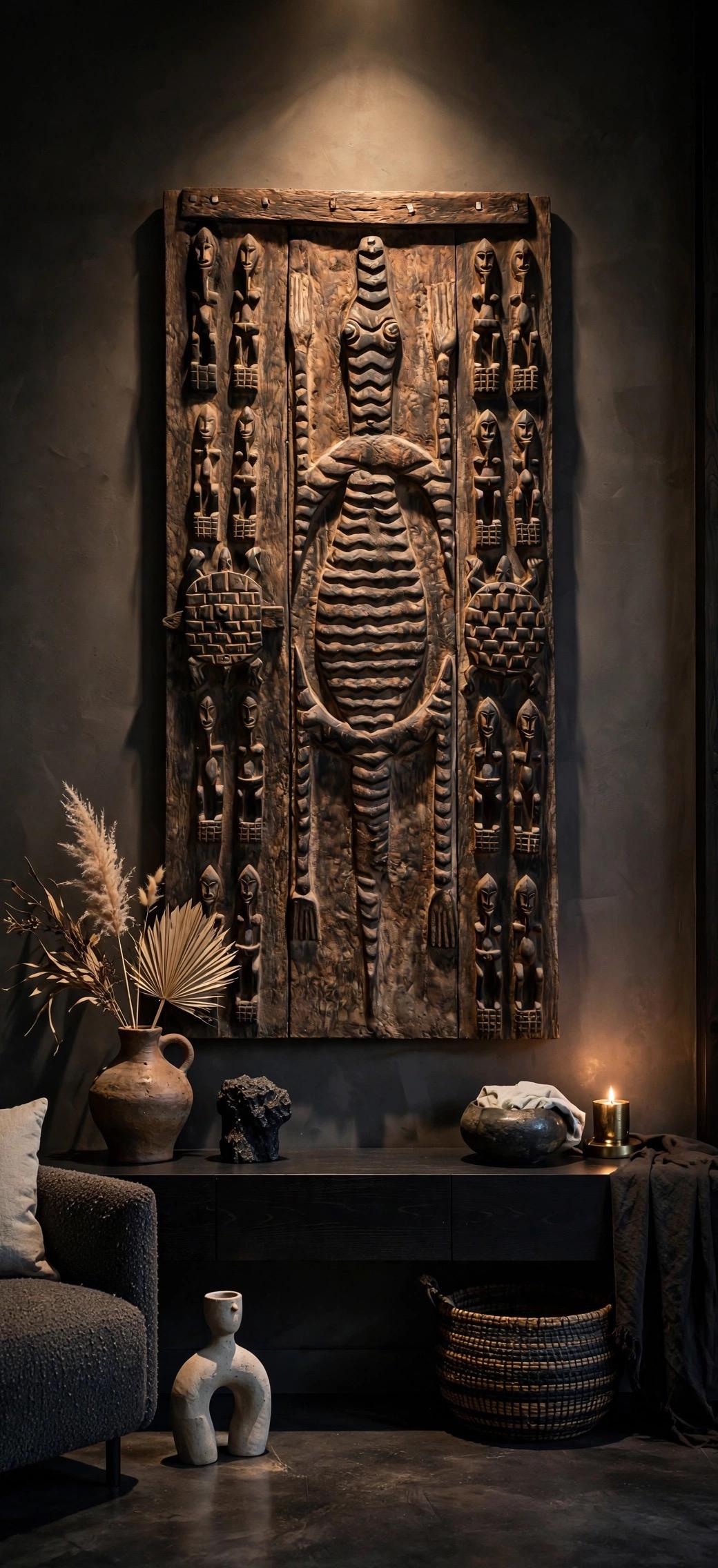 Antique Crocodile Dogon Door Panel: African Tribal Art, Carved Wood Decor 30.5 × 74