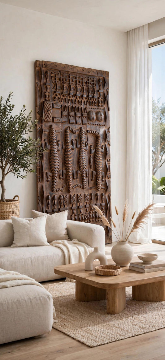 Rare Wall decor Antique African Dogon Door Panel: Carved Wood Tribal Art (74x34)