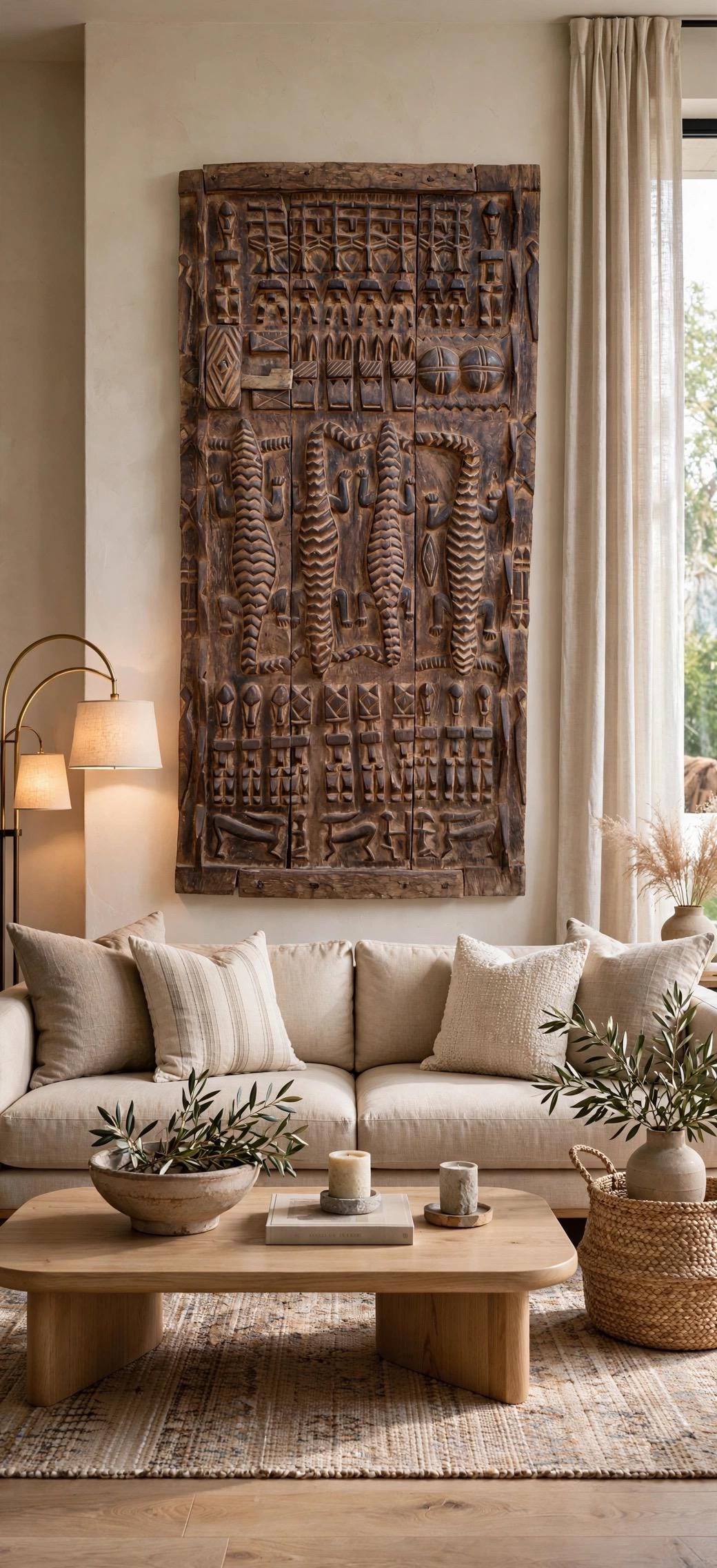 Rare Wall decor Antique African Dogon Door Panel: Carved Wood Tribal Art (74x34)