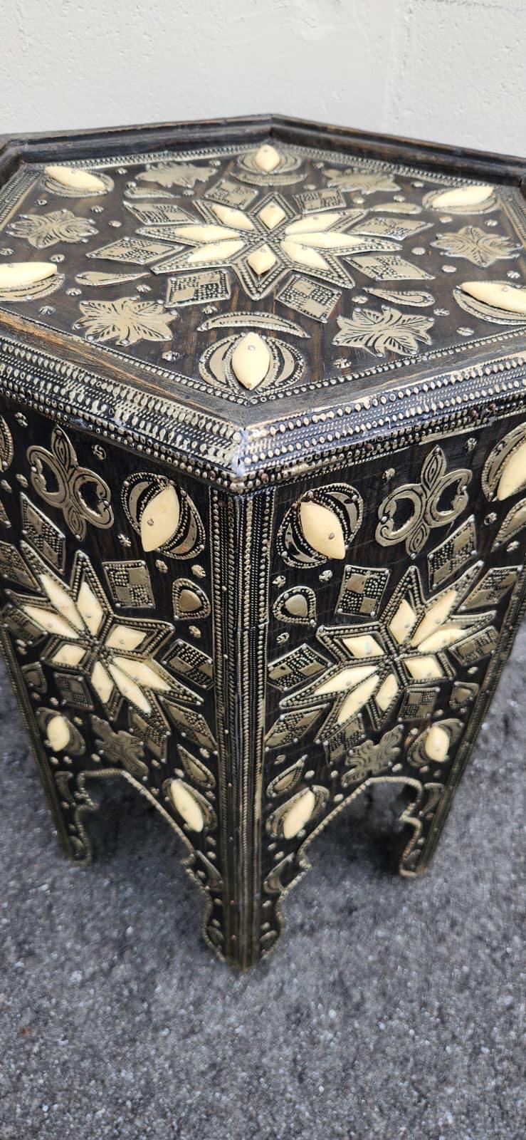 One of a kind vintage unique Bone Inlay side Table: Handmade Moroccan coffee table