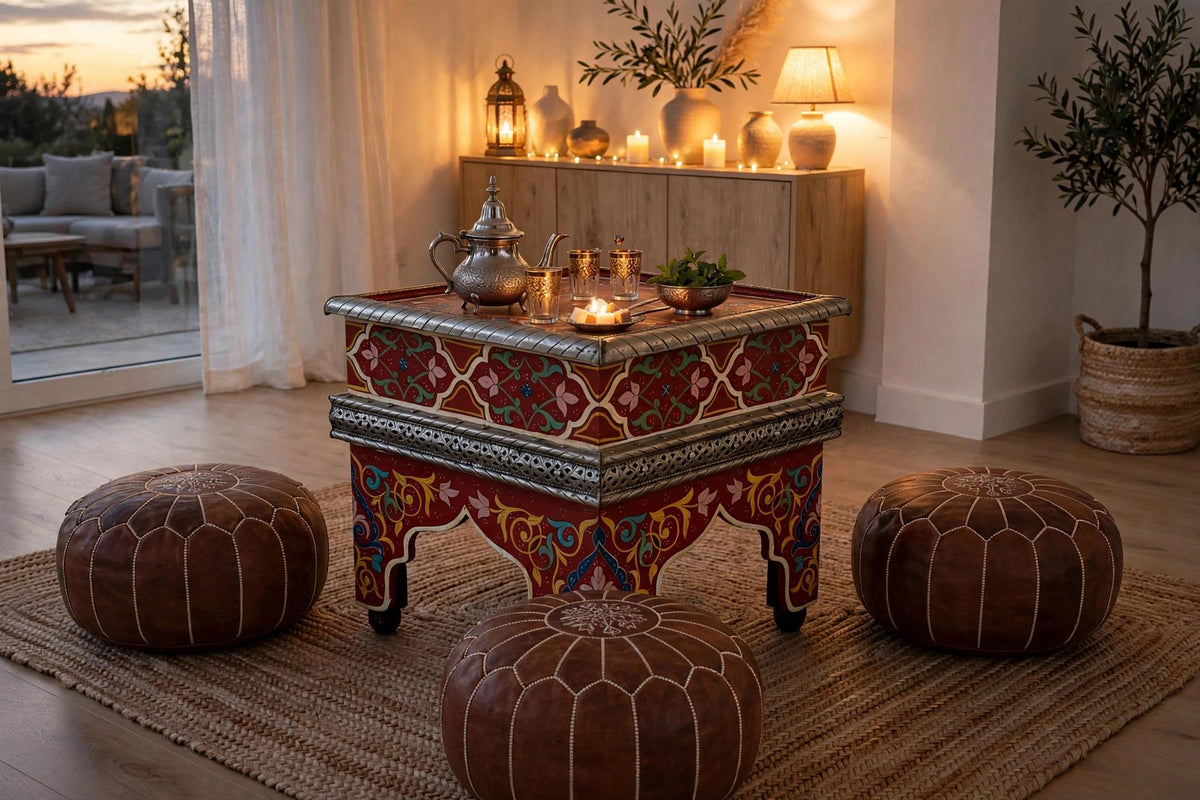 Hand-Painted Moroccan Zouak Side Table with Embossed Metal Trim