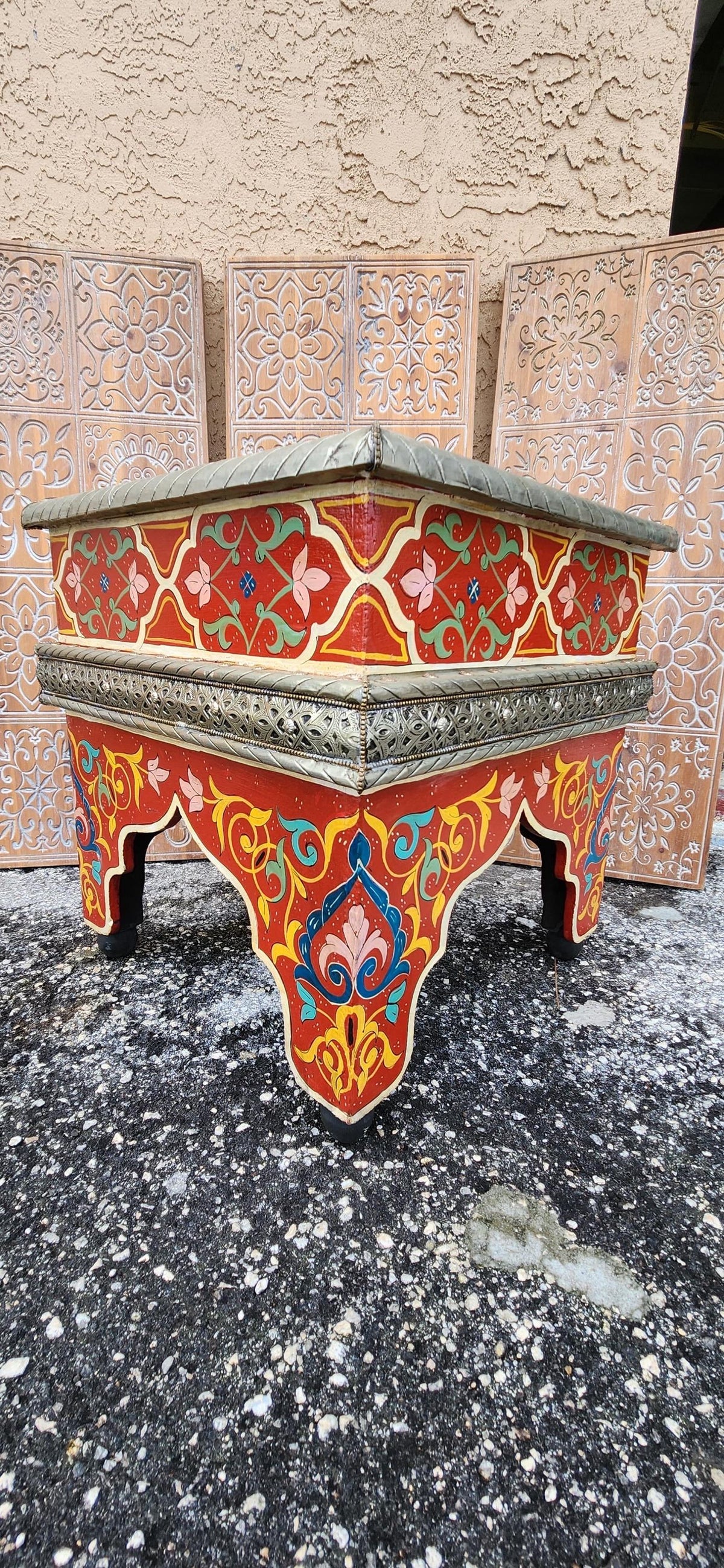Hand-Painted Moroccan Zouak Side Table with Embossed Metal Trim