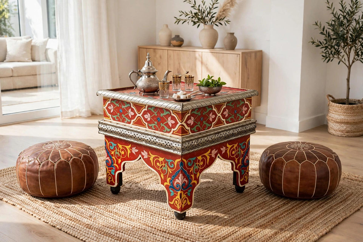 Hand-Painted Moroccan Zouak Side Table with Embossed Metal Trim