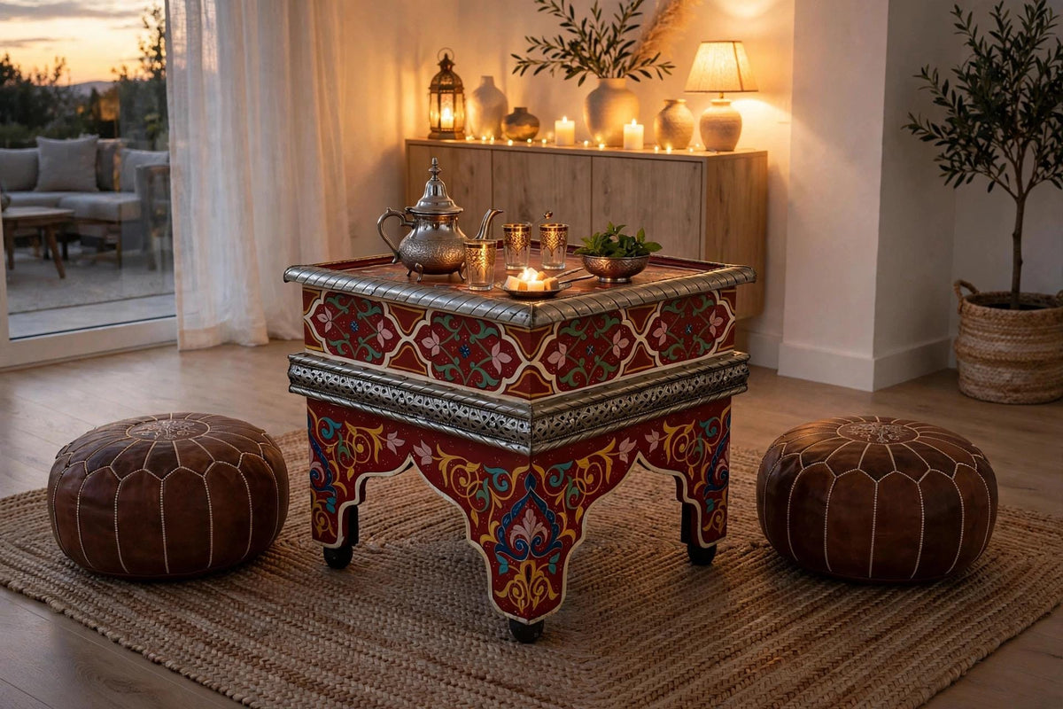 Hand-Painted Moroccan Zouak Side Table with Embossed Metal Trim