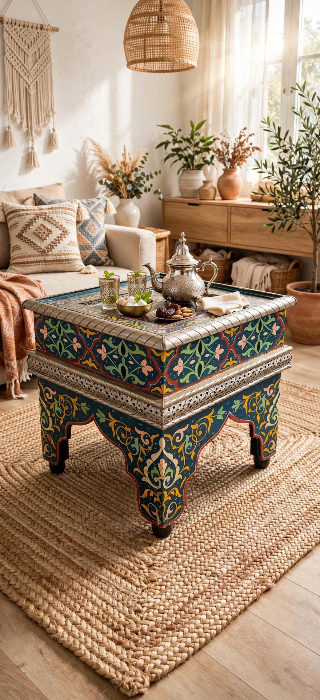 Blue Hand-Painted Moroccan Zouak Side Table with Embossed Metal Trim