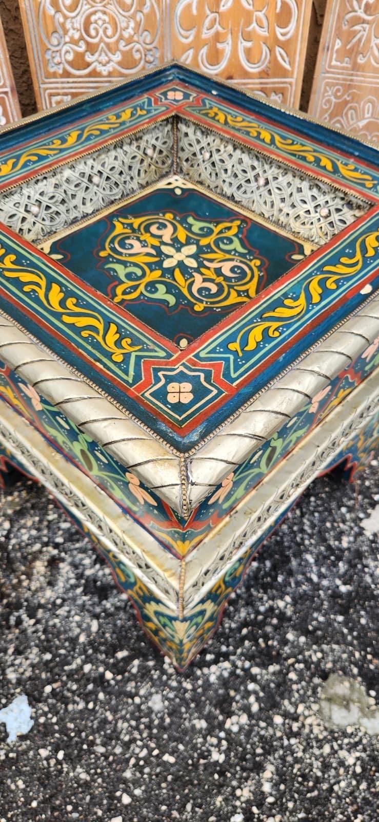 Blue Hand-Painted Moroccan Zouak Side Table with Embossed Metal Trim
