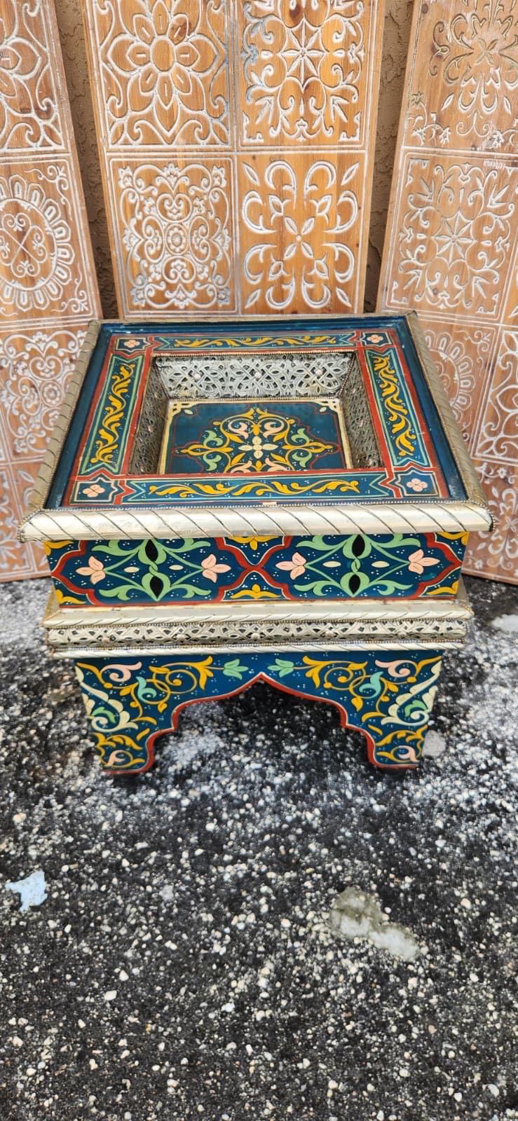 Blue Hand-Painted Moroccan Zouak Side Table with Embossed Metal Trim