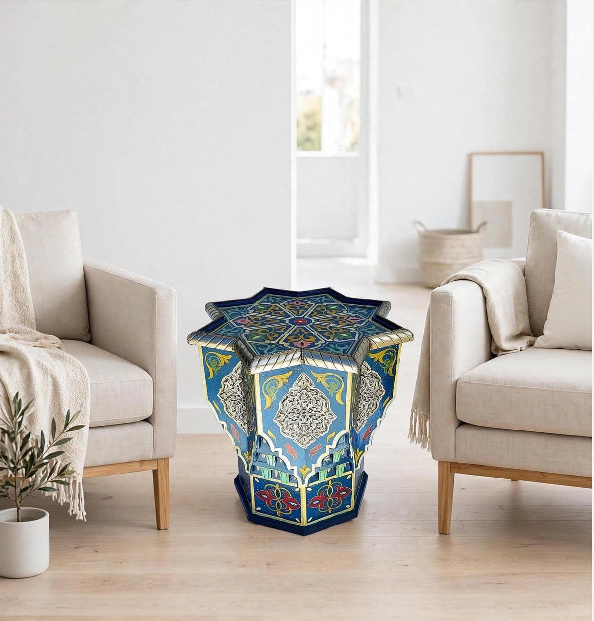 Hand-Painted Moroccan Star Table with Silver Accents – Boho Accent Furniture