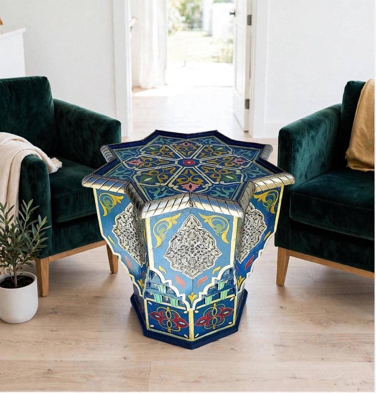 Hand-Painted Moroccan Star Table with Silver Accents – Boho Accent Furniture