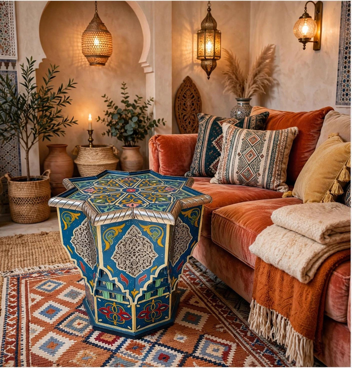 Hand-Painted Moroccan Star Table with Silver Accents – Boho Accent Furniture