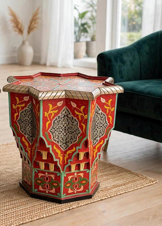 Hand-Painted Moroccan Wooden Table with Silver Inlay