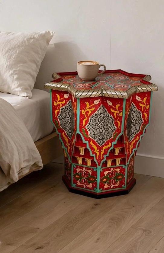 Hand-Painted Moroccan Wooden Table with Silver Inlay