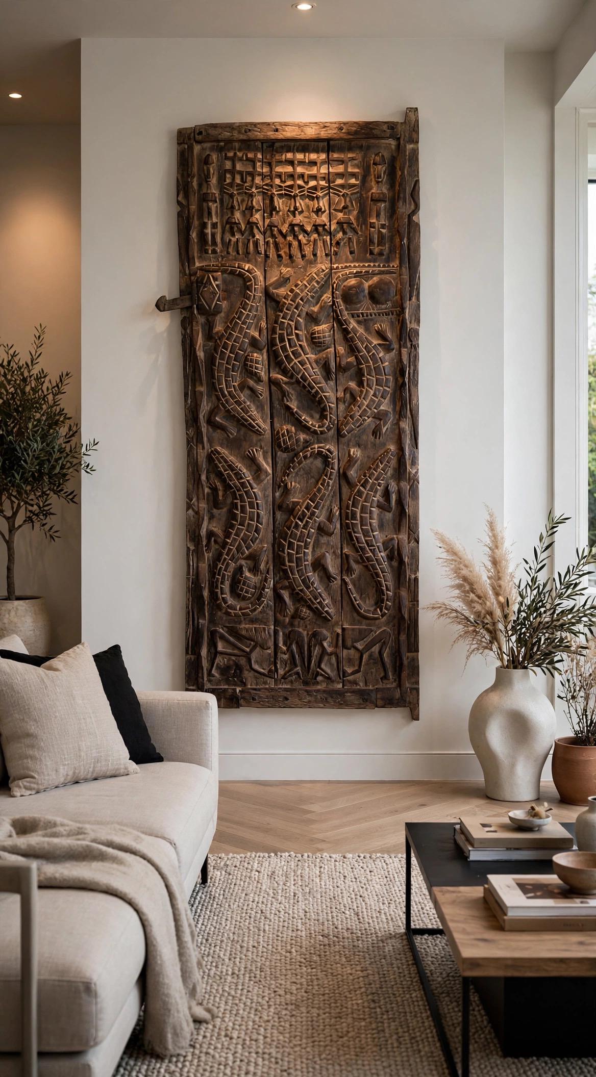Museum display Antique African Dogon Door Panel: Crocodiles Carved Wood Tribal Art (71x28)