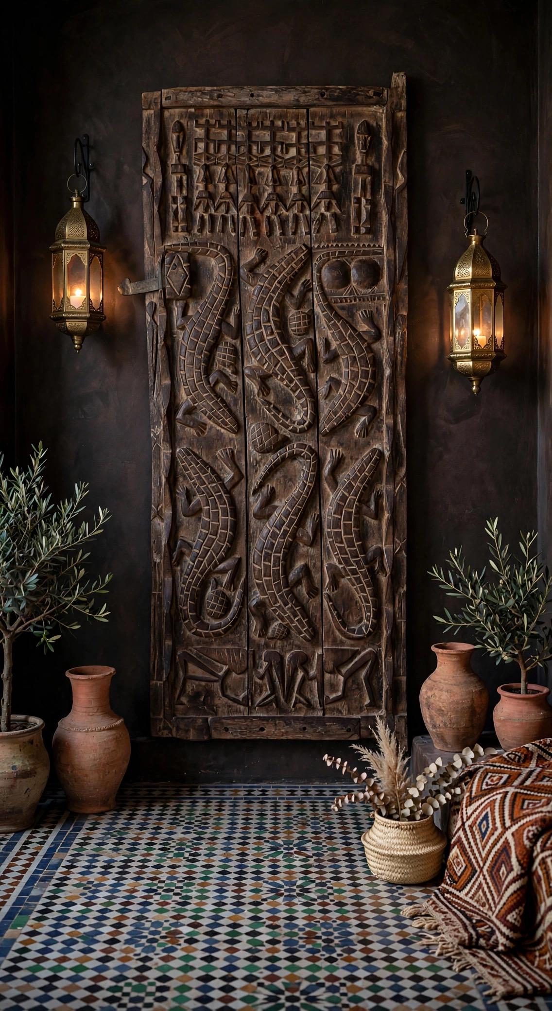 Museum display Antique African Dogon Door Panel: Crocodiles Carved Wood Tribal Art (71x28)