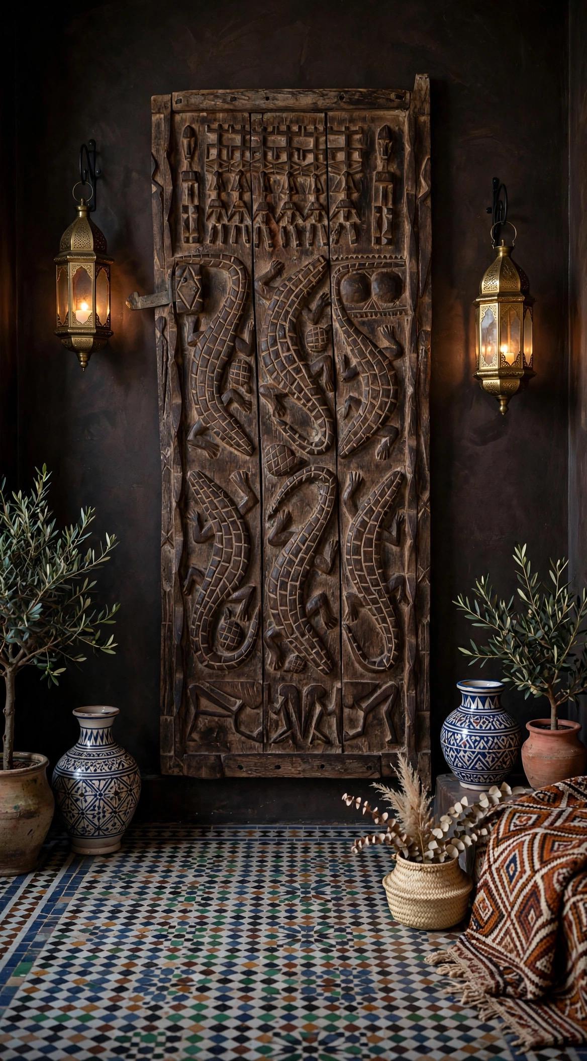 Museum display Antique African Dogon Door Panel: Crocodiles Carved Wood Tribal Art (71x28)
