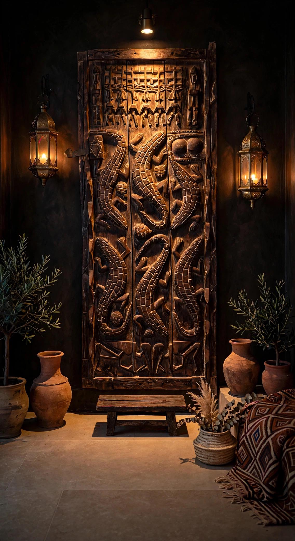 Museum display Antique African Dogon Door Panel: Crocodiles Carved Wood Tribal Art (71x28)