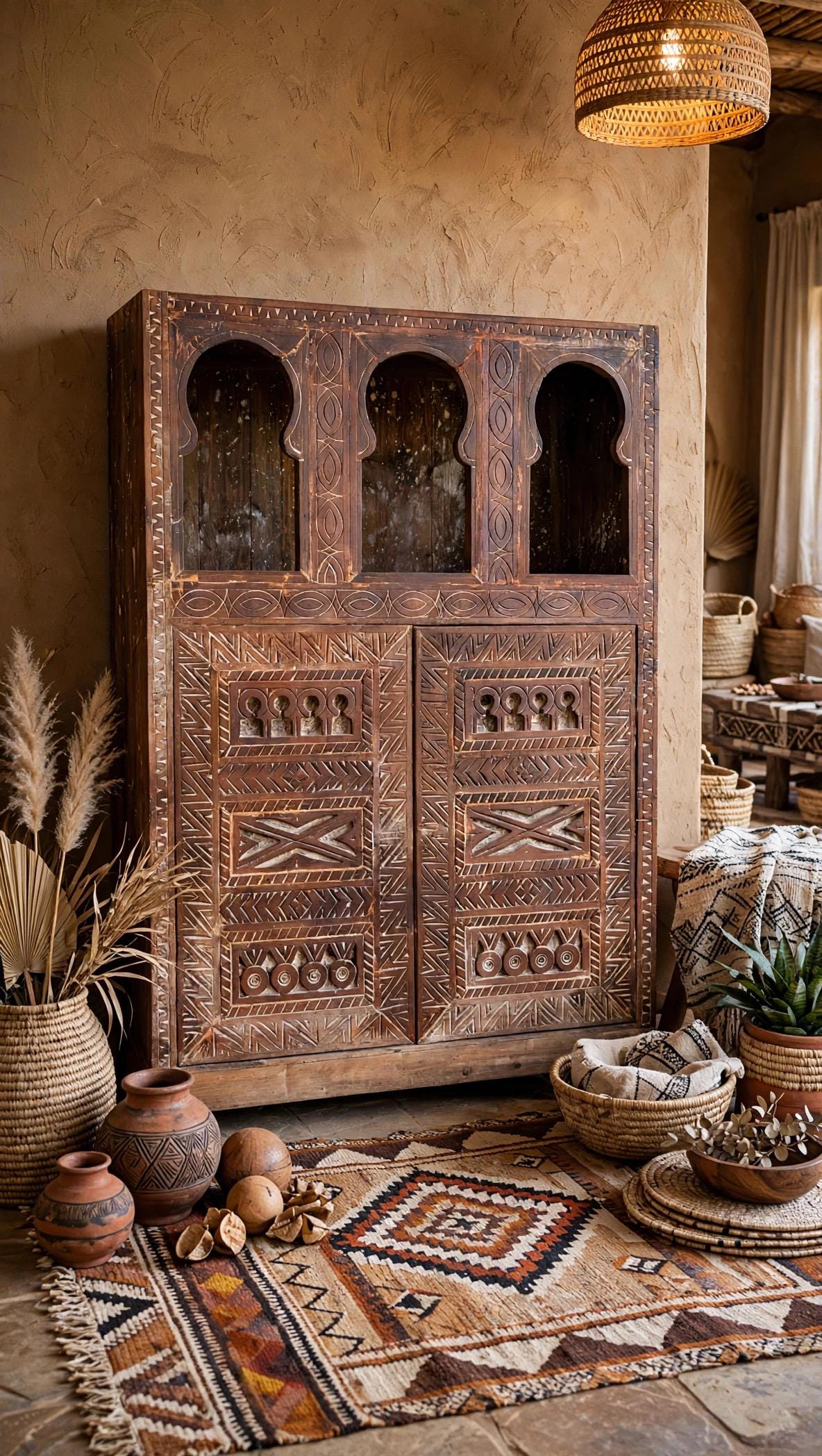 Handmade Moroccan Armoire: Carved Wooden Cabinet, Tribal Ethnic Design, Solid Wood Furniture