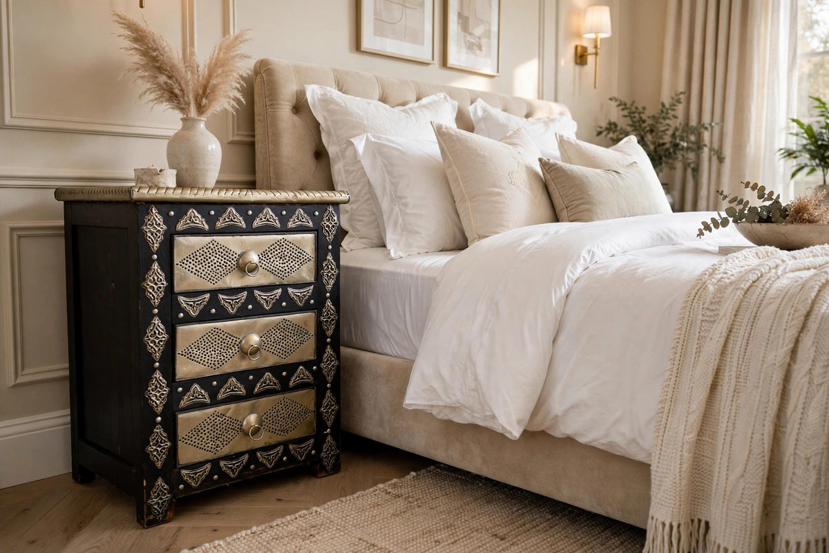 Two Handmade Moroccan Nightstand: Hammered Silver Metal, 3 Drawers