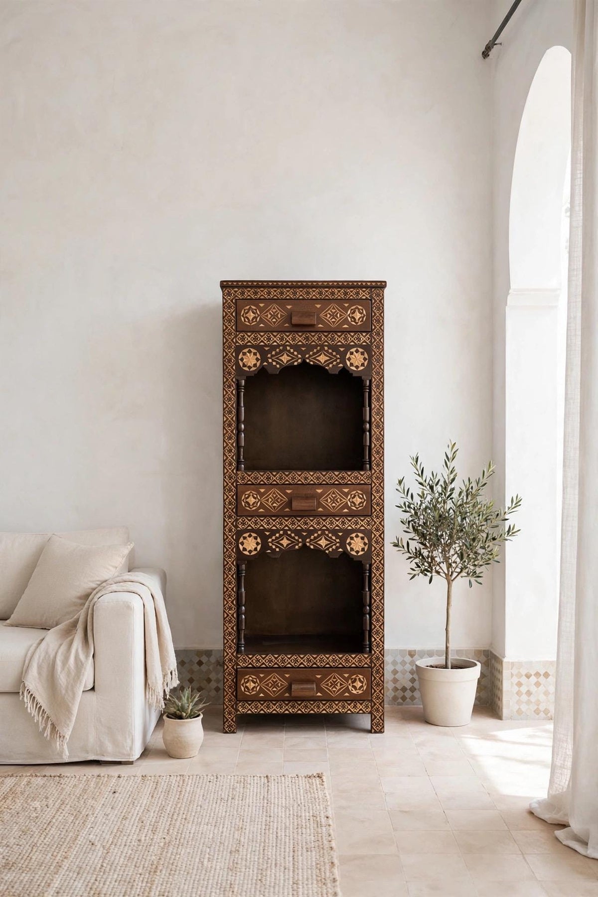 Three drawers Hand carved accent cabinet: Moroccan handcrafted wooden cabinet