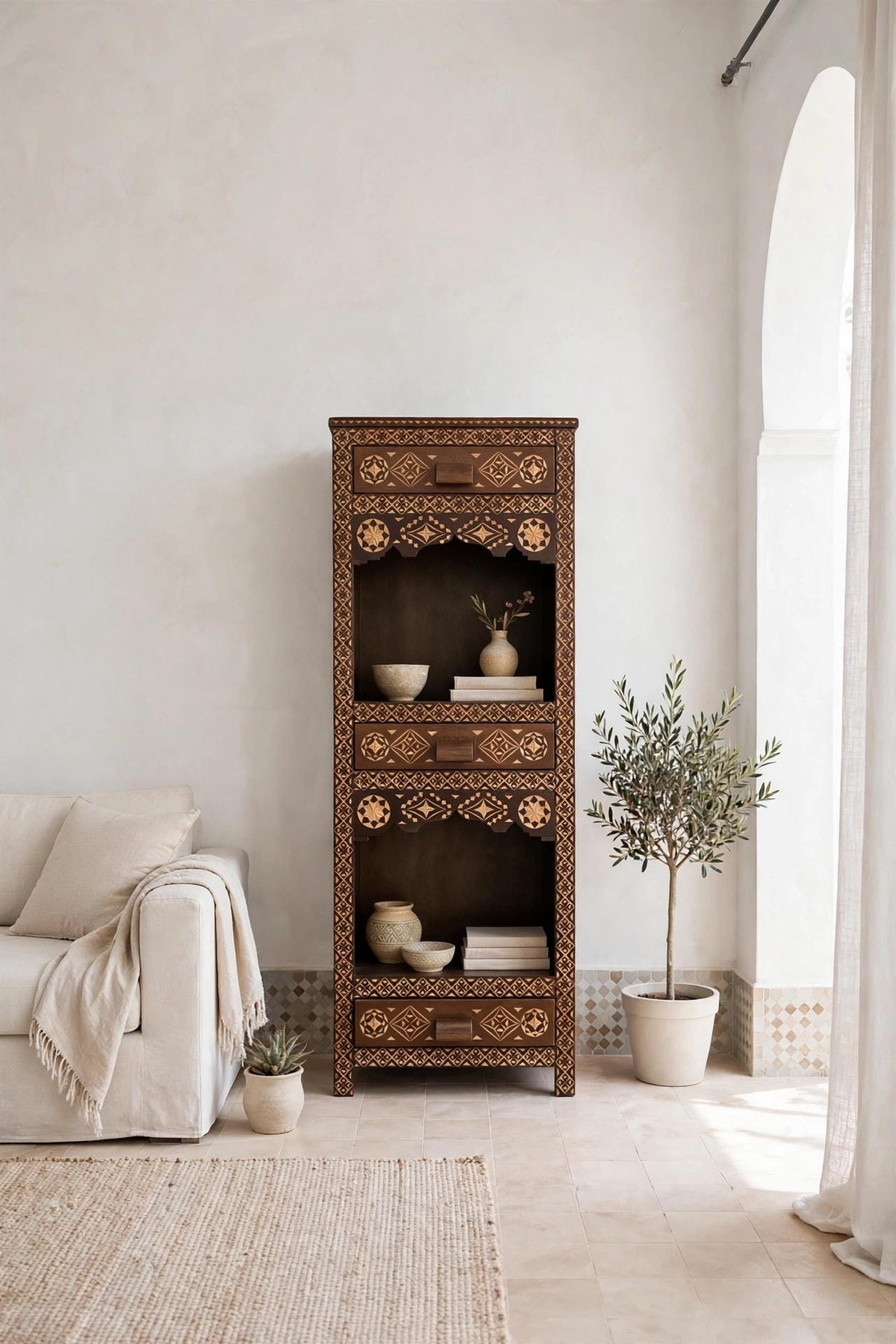 Three drawers Hand carved accent cabinet: Moroccan handcrafted wooden cabinet