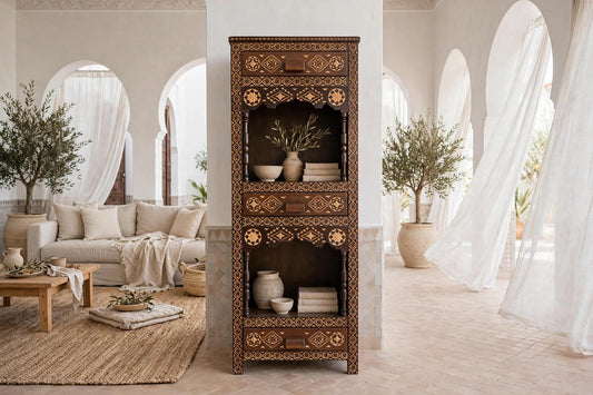 Three drawers Hand carved accent cabinet: Moroccan handcrafted wooden cabinet