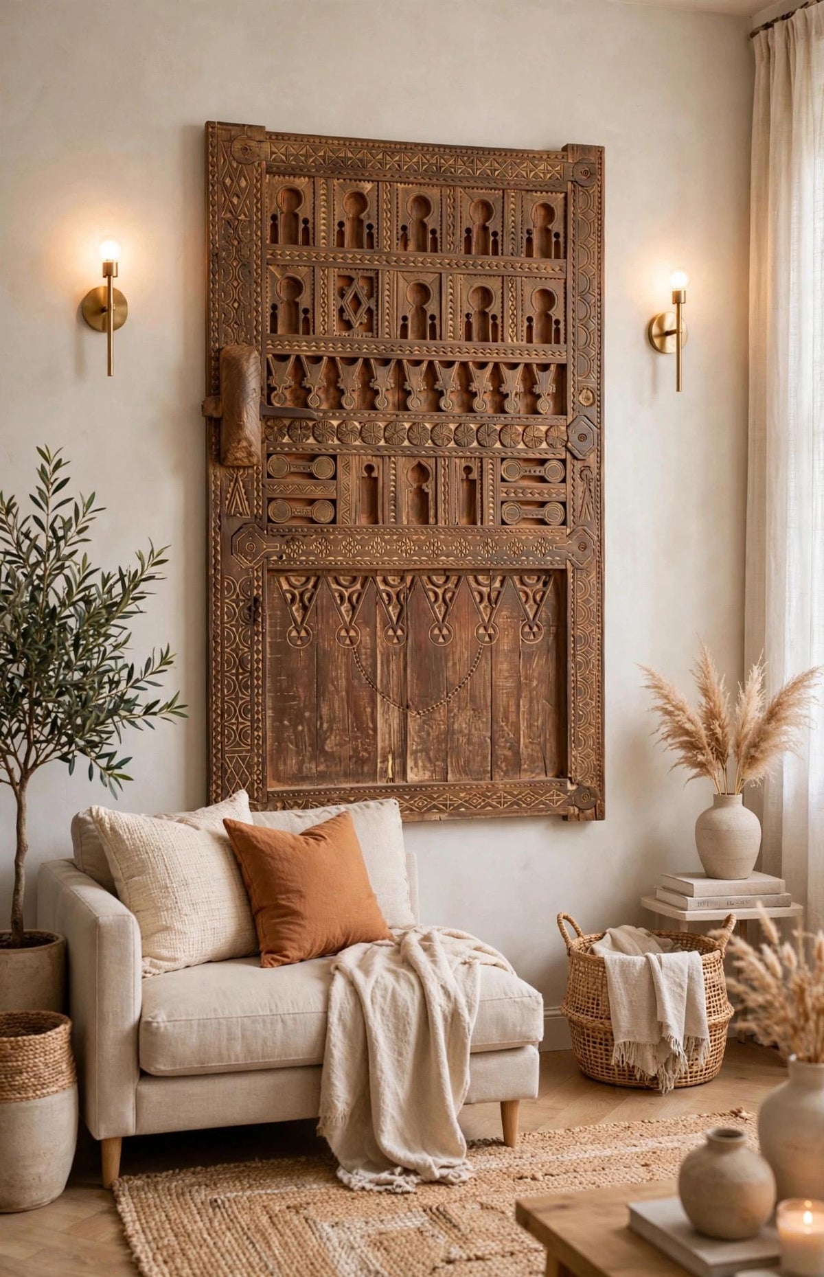 Authentic Moroccan Carved Wood Door – Traditional Berber African wall art decor
