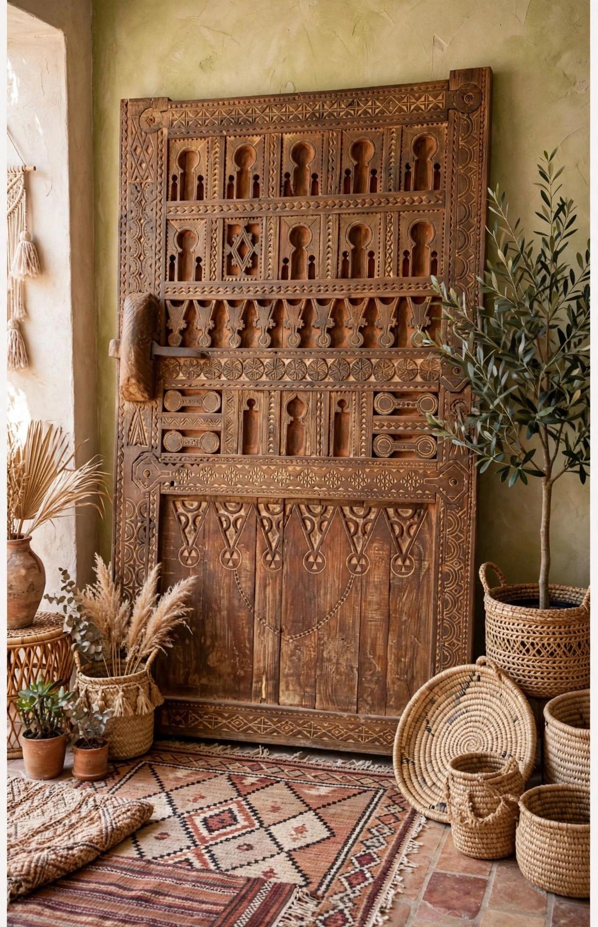 Authentic Moroccan Carved Wood Door – Traditional Berber African wall art decor