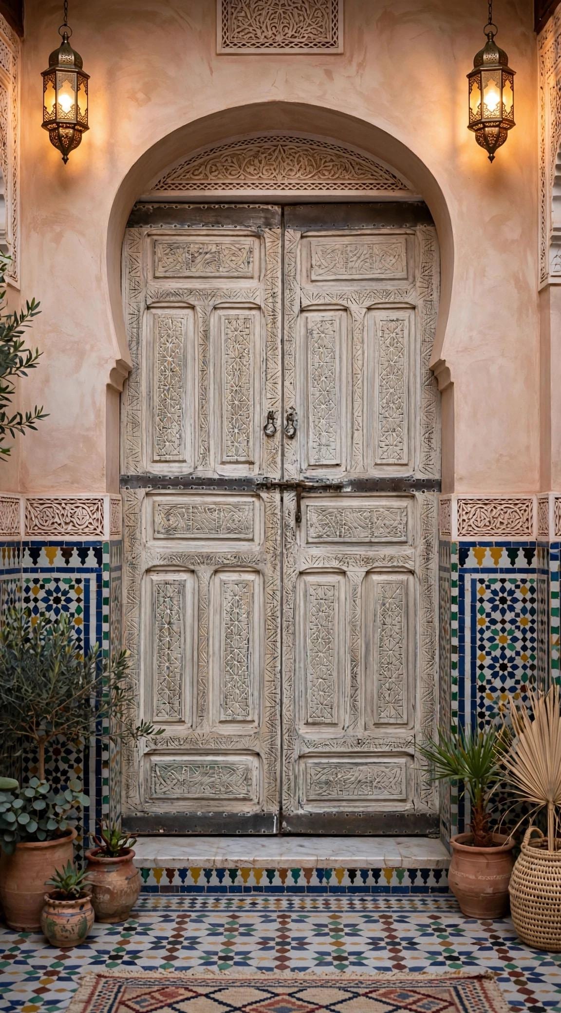 Handmade Vintage Moroccan Carved Double Door, White Cedar Wood (80.5x44.5)