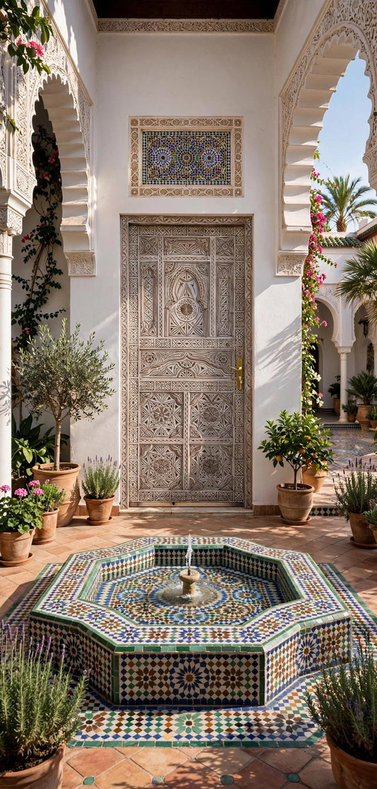 Intricate Moroccan interior door designs: Vintage North African geometric wooden door panel