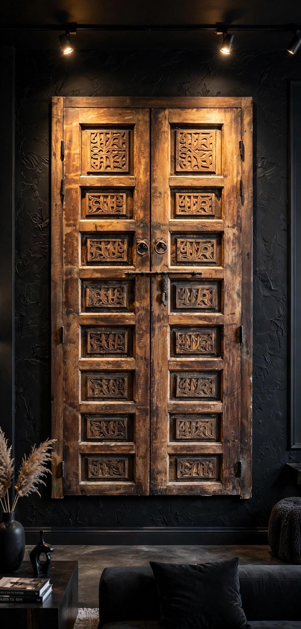 Rare  Antique berber double Door Panel: Carved Wood Moroccan Tribal wall Art decor