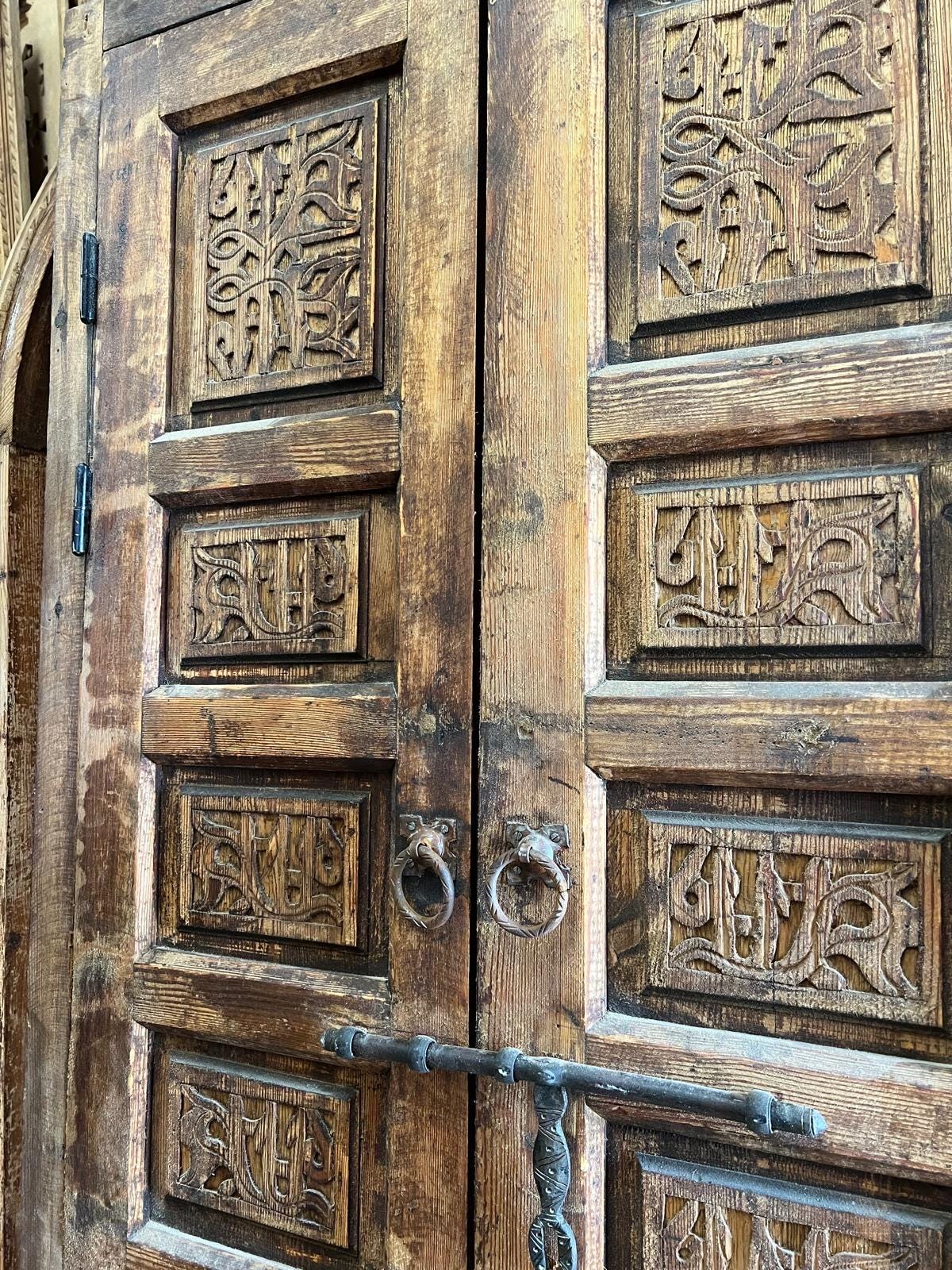 Rare  Antique berber double Door Panel: Carved Wood Moroccan Tribal wall Art decor
